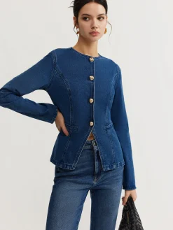 Button Down Denim Slim Blouse