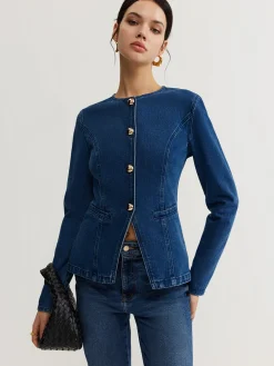 Button Down Denim Slim Blouse