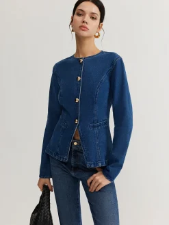 Button Down Denim Slim Blouse