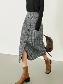 Button Down Tweed Boucle Maxi Skirt