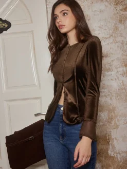 Button Down Velvet Slim Blouse