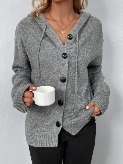 Button Drawstring Hooded Cardigan