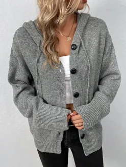 Button Drawstring Hooded Cardigan