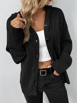 Button Drawstring Hooded Cardigan