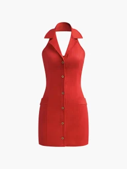 Button Front Backless Halter Dress