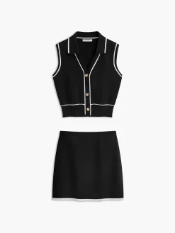 Button Front Contrast Binding Sleeveless Skirt Set