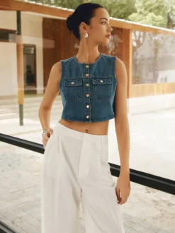 Button Front Double Pockets Denim Top