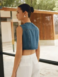 Button Front Double Pockets Denim Top