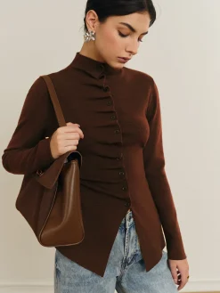 Button Pleated Split Knit Top