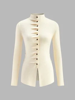 Button Pleated Split Knit Top