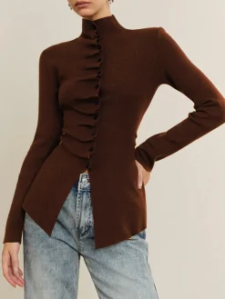 Button Pleated Split Knit Top