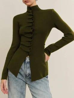 Button Pleated Split Knit Top