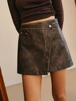 Button Pocket Faux Leather Skirt