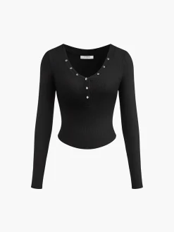 Button Ribbed Long Sleeve T-Shirt