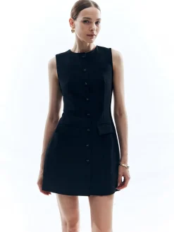 Button Solid Crew Neck Sleeveless Dress