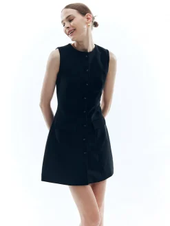 Button Solid Crew Neck Sleeveless Dress