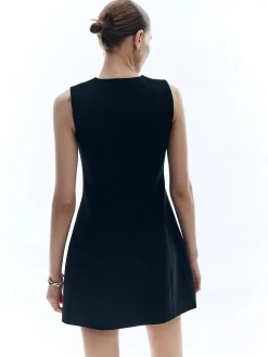 Button Solid Crew Neck Sleeveless Dress