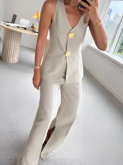 Button Split Sleeveless Pants Set