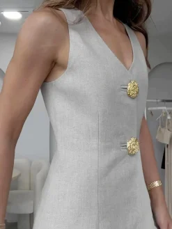 Button Split Sleeveless Pants Set