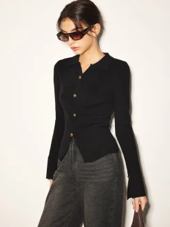 Button Split Slim Polo Sweater