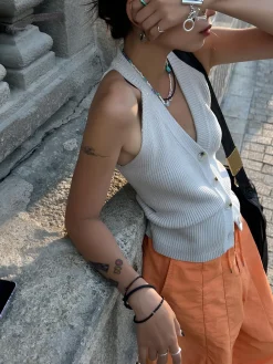 Button V-Neck Knit Vest