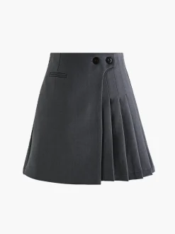 Button Zipper Pleated Suit Skirt