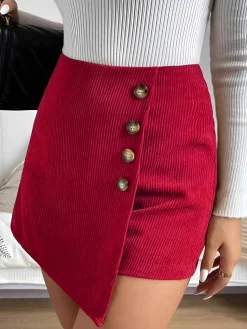 Button-Decor Corduroy Zipper Skirt