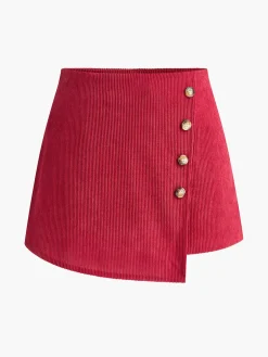 Button-Decor Corduroy Zipper Skirt