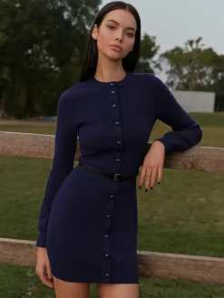 Button-Decor Sweater Hip-Covering Dress With Belt