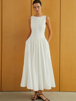 Button-Front Sleeveless Pockets Long Dress