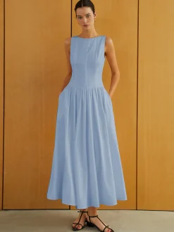 Button-Front Sleeveless Pockets Long Dress