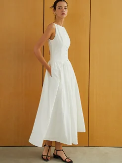 Button-Front Sleeveless Pockets Long Dress