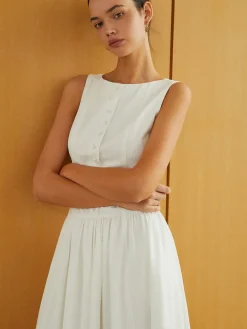 Button-Front Sleeveless Pockets Long Dress