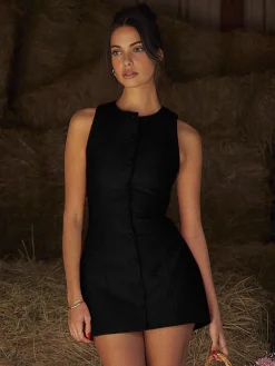 Button-Front Sleeveless Short Dress