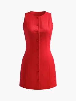 Button-Front Sleeveless Short Dress