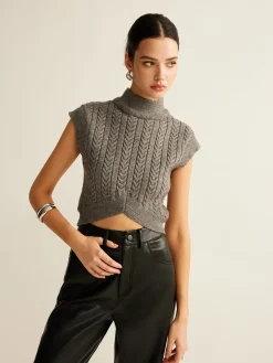 Cable-Knit Mock Neck Crop Sweater Vest
