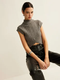 Cable-Knit Mock Neck Crop Sweater Vest