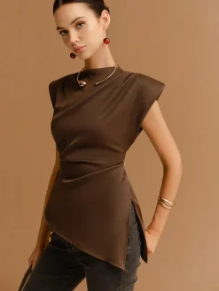 Cap Sleeve Asymmetrical Hem Skinny Blouse