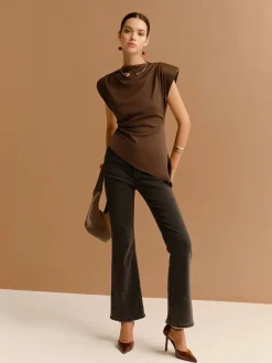Cap Sleeve Asymmetrical Hem Skinny Blouse