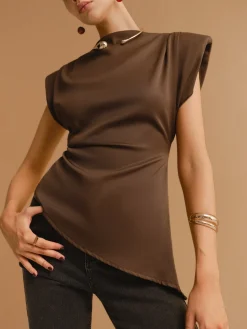 Cap Sleeve Asymmetrical Hem Skinny Blouse