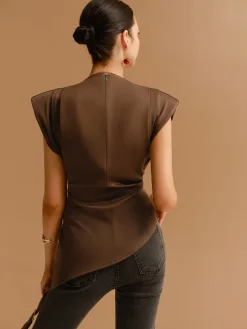 Cap Sleeve Asymmetrical Hem Skinny Blouse