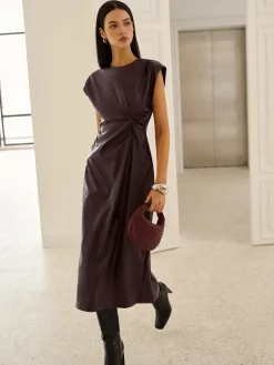 Cap-Sleeve Knotted Faux Leather Dress