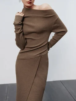 Caramel Asymmetric Neckline Long Sleeve Knit Top