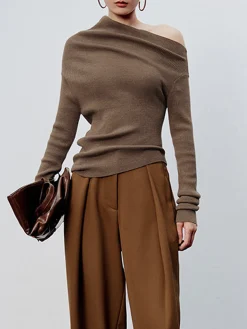 Caramel Asymmetric Neckline Long Sleeve Knit Top