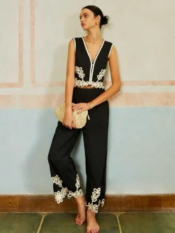 Casual Embroidery Sleeveless Zipper Pants Set