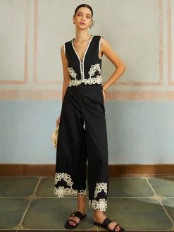 Casual Embroidery Sleeveless Zipper Pants Set