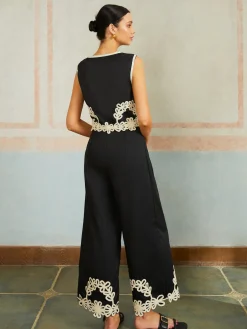 Casual Embroidery Sleeveless Zipper Pants Set