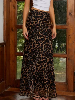 Casual Leopard Print Chiffon Maxi Skirt
