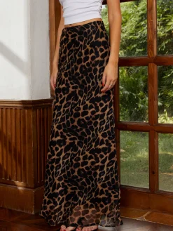 Casual Leopard Print Chiffon Maxi Skirt