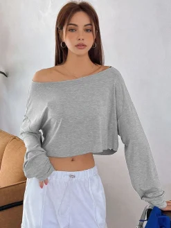 Casual Off-Shoulder Long Sleeve Short T-Shirt